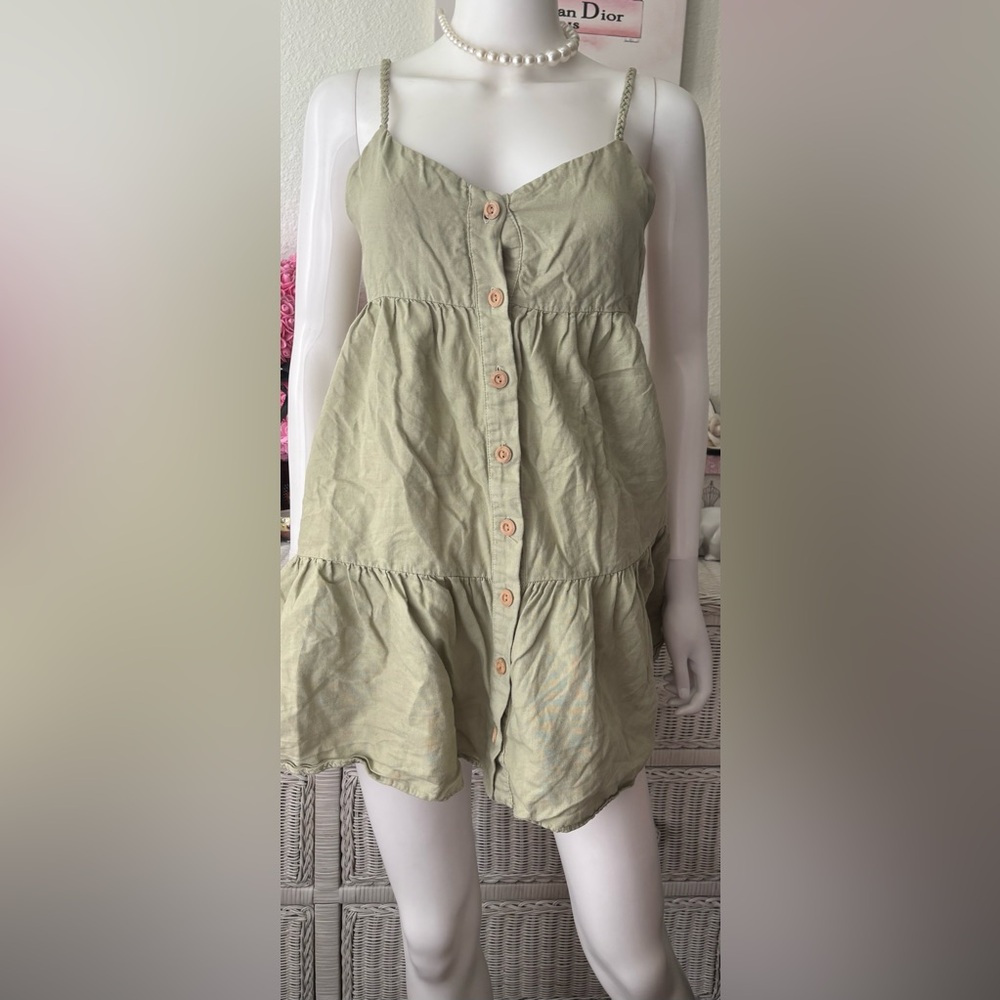 Zara Mini Dress Baby Doll Style Low Cut Linen Tiered in Sage Green Size XS NWOT